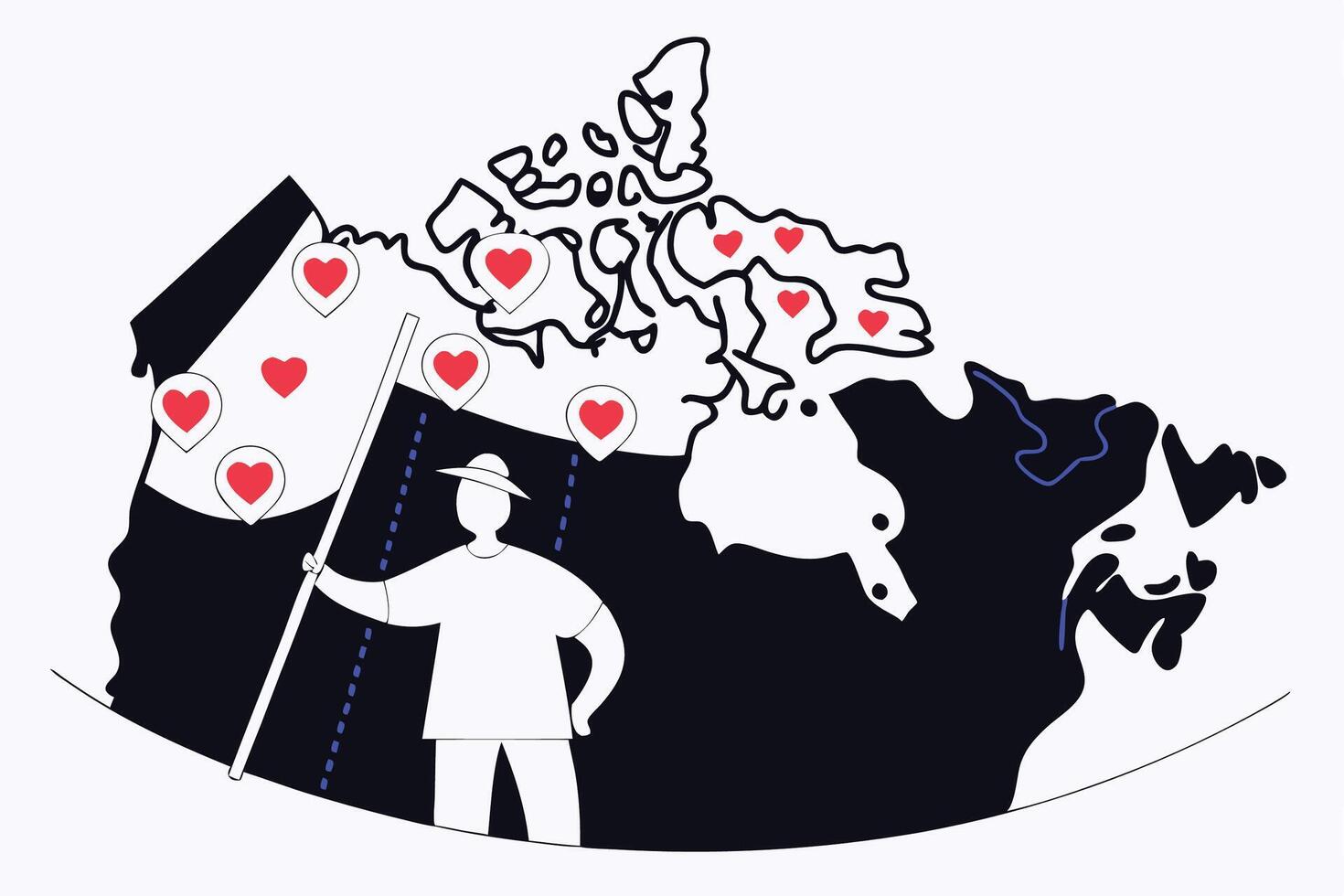 Love Canada map created with clusters of red hearts representing warmth, kindness, and the collective spirit of the Canadian population vector