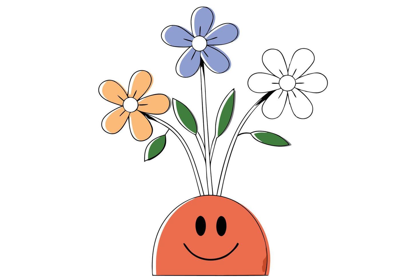 Delightful smiley face character presenting bright flowers in a joyful and colorful artistic style perfect for uplifting and friendly creative projects vector