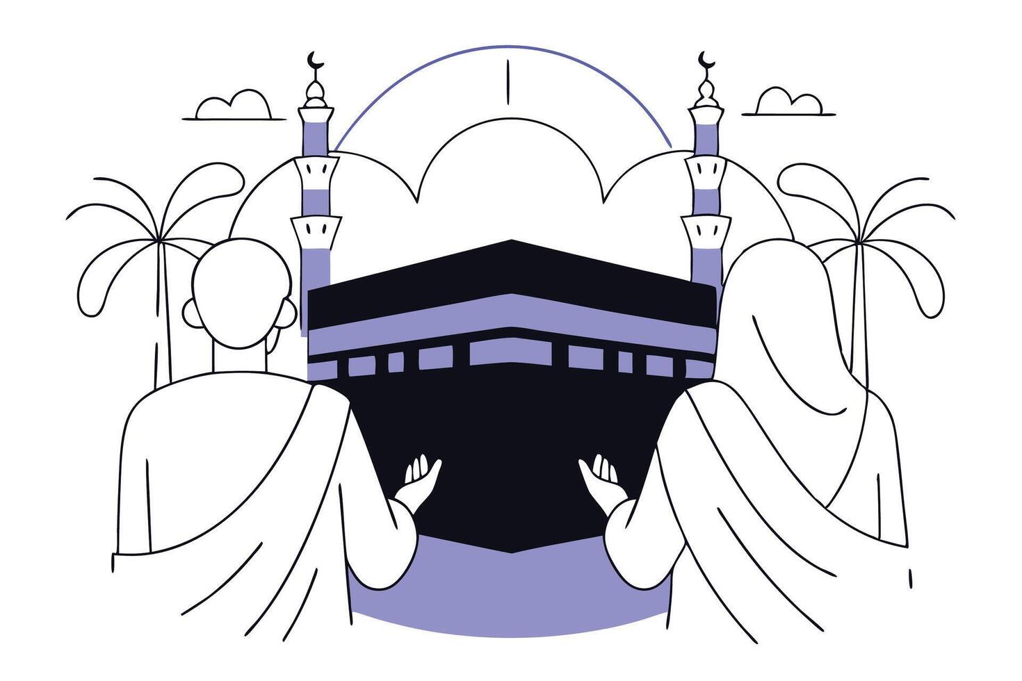 Devout couple in traditional Hajj attire standing peacefully reflecting the religious significance and solemnity of the pilgrimage to the holy sites in Mecca vector