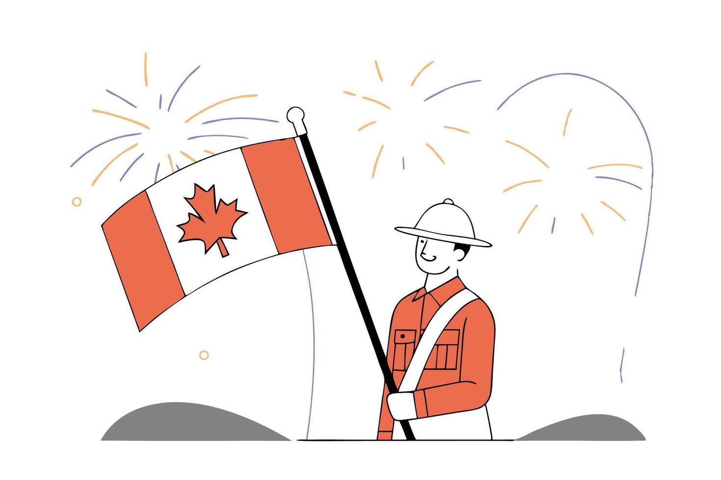 Happy Canada Day Celebration Featuring a Canadian Mountie and National Symbols Showcasing Patriotism and Festive Joy vector