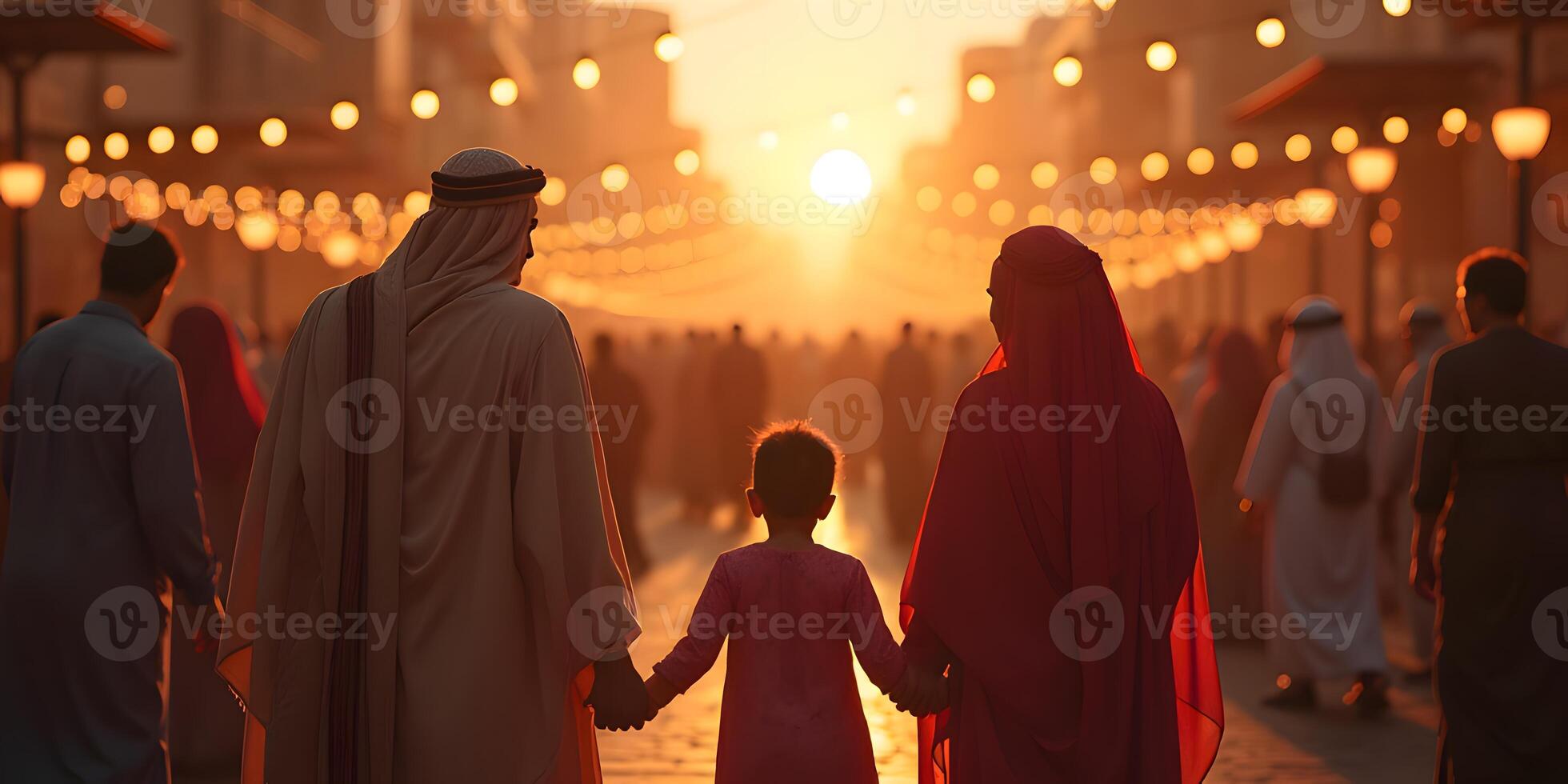 A family walking through a street at sunset photo