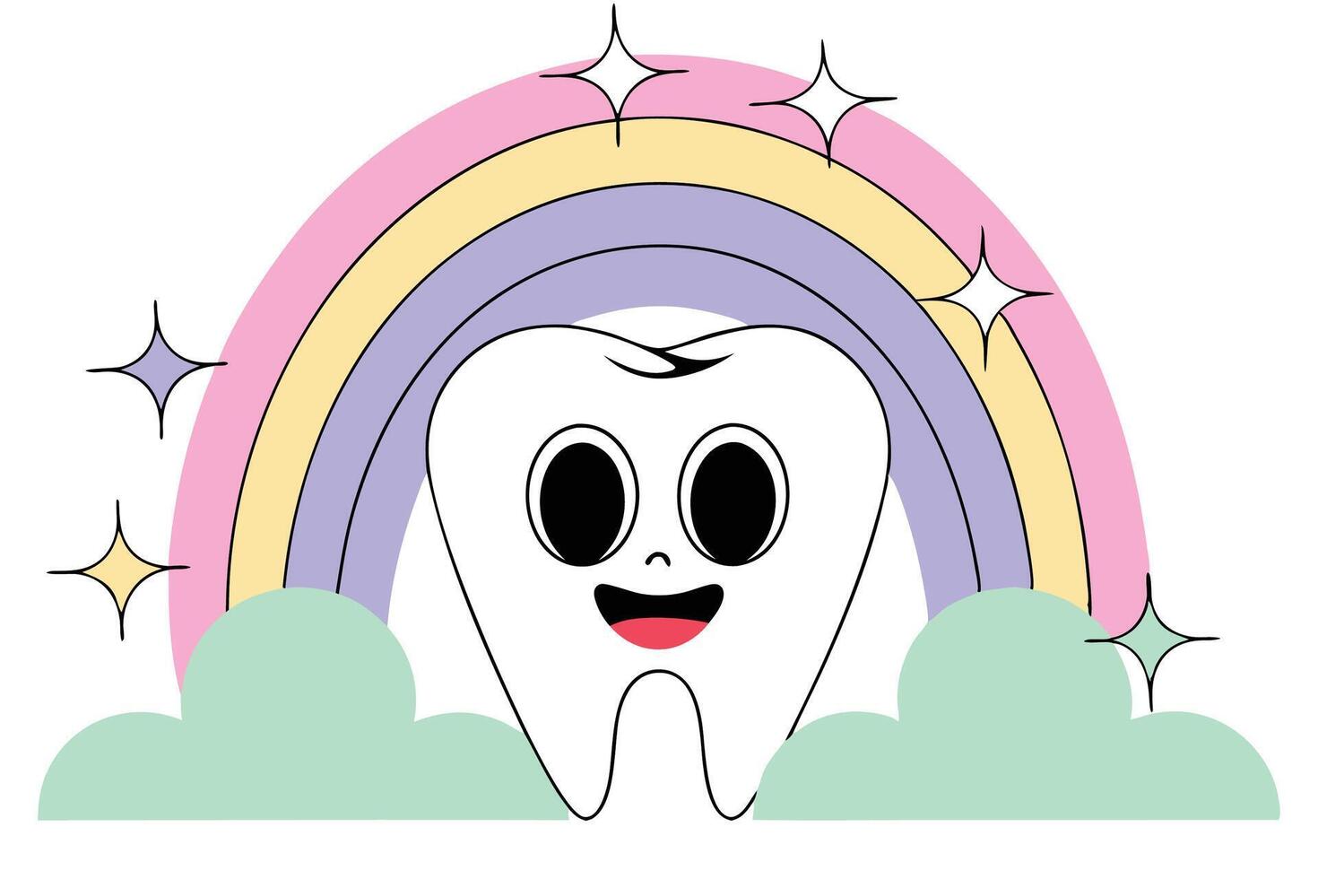 Vibrant smiling tooth surrounded by cheerful clouds and rainbow light ideal for promoting healthy dental habits to young children in a fun way vector