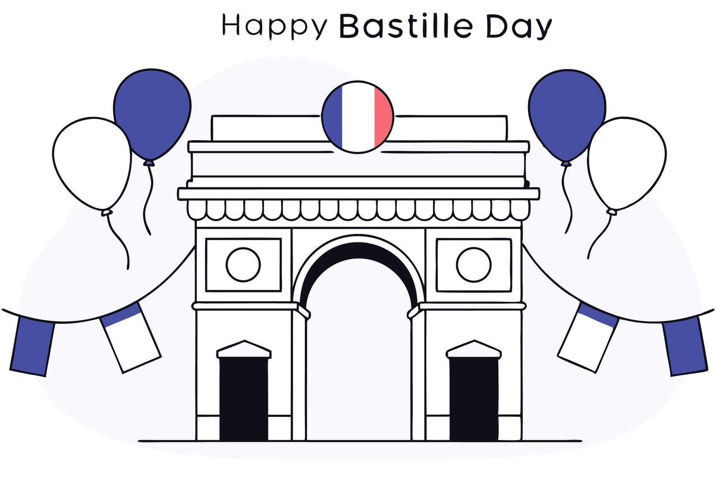 Iconic Arc de Triomphe illustrated with French balloons symbolizing the joy of national independence and the historical significance of Bastille Day vector