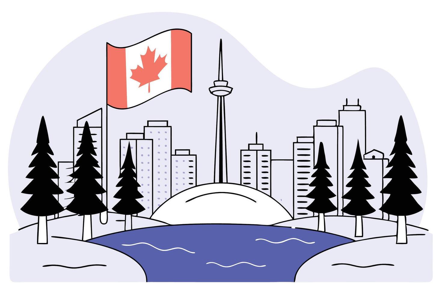 Detailed artistic skyline of Toronto with lake pine trees and national flag great for digital design blogs and Canadian-themed promotional material vector