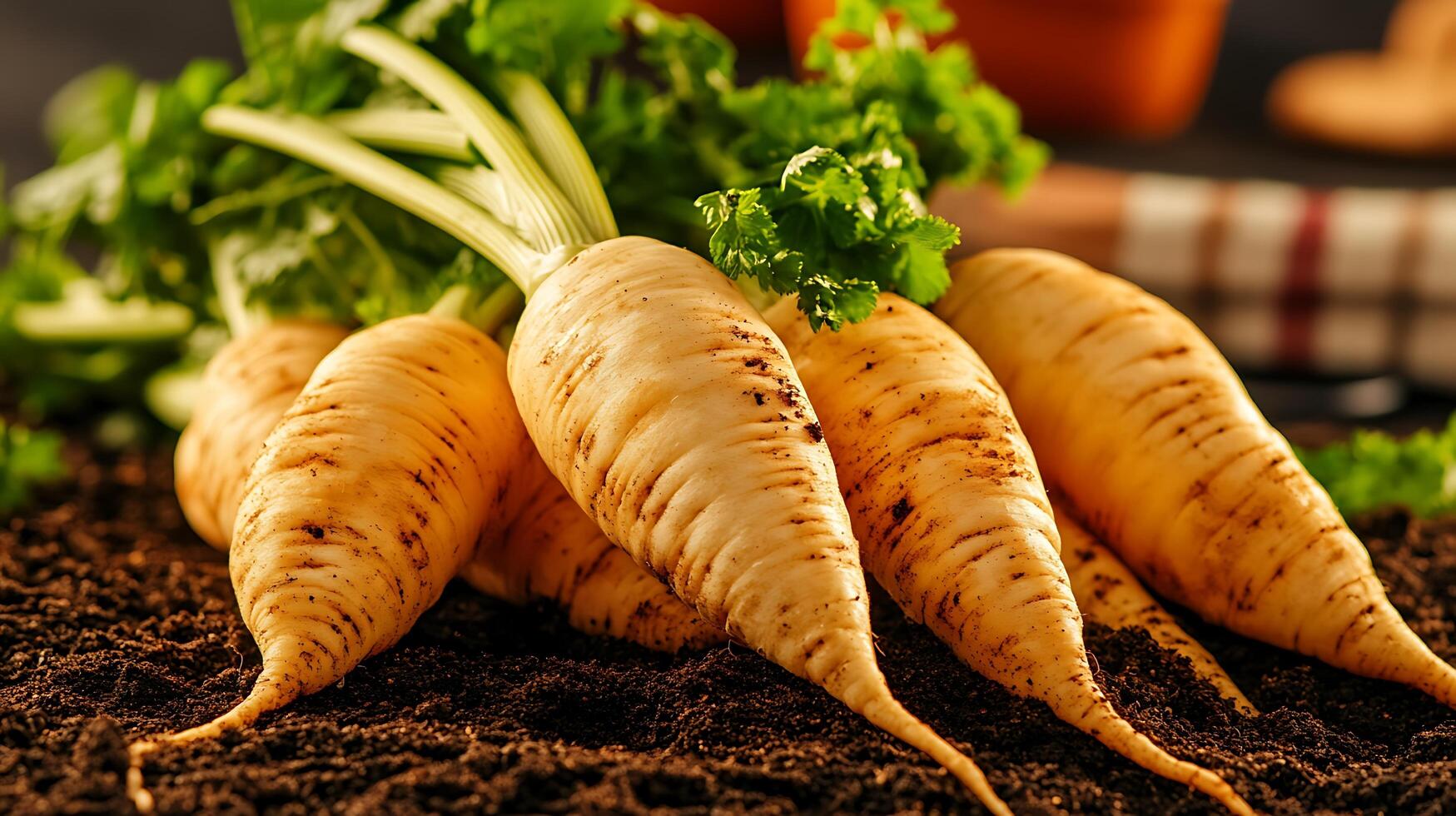 A pile of white carrots sitting on top of soil photo