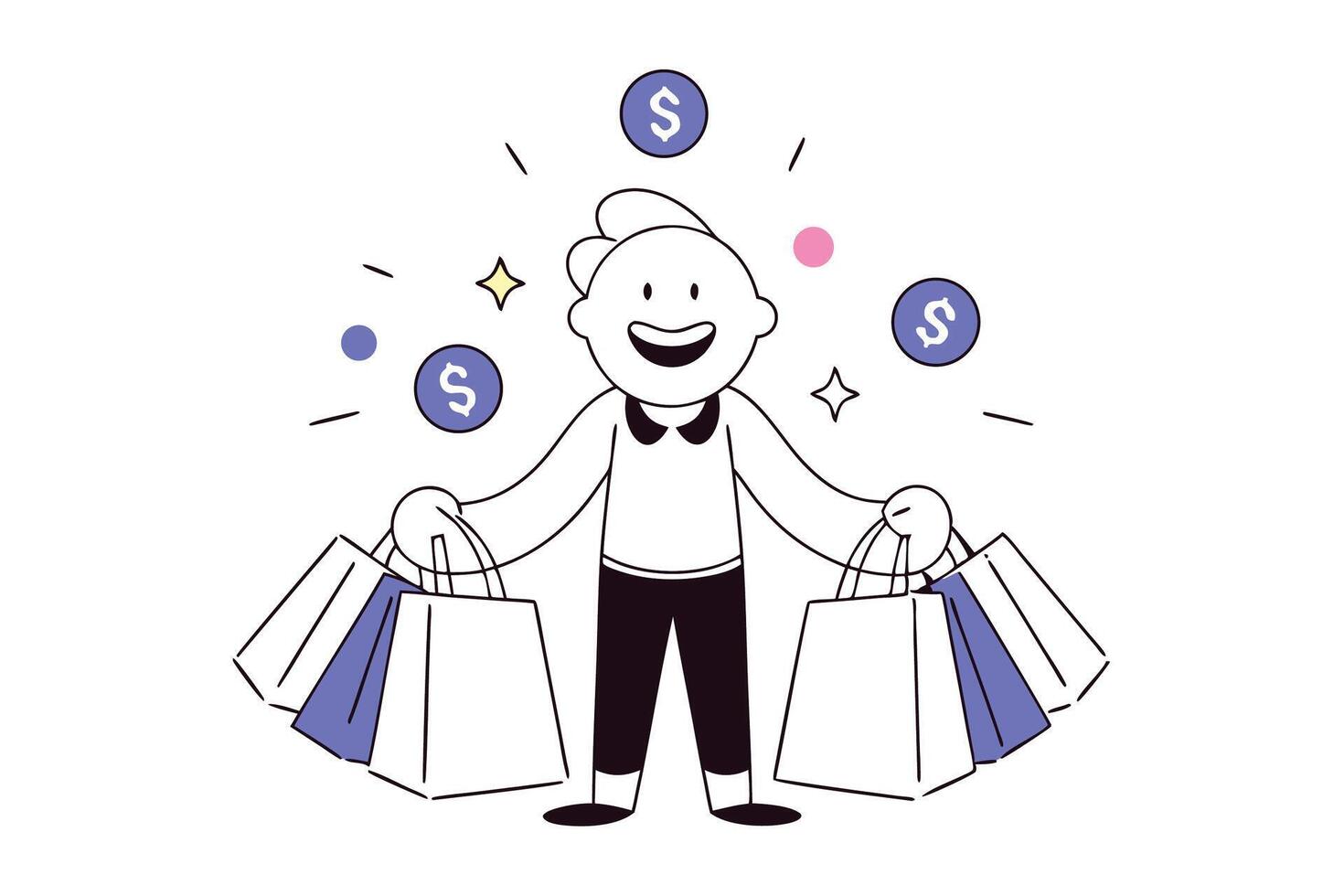 Cheerful cartoon character of a happy shopping guy standing ready to bring fun and energy to your retail or marketing campaigns with a friendly, engaging vibe vector