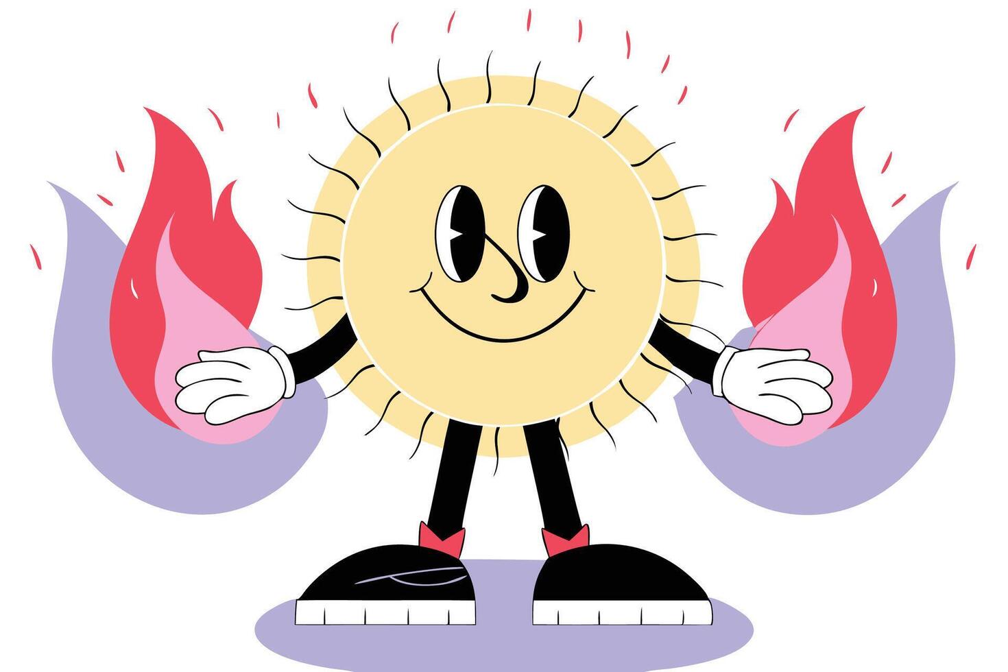 Animated sun character with a happy face and stylized fire flames in cartoon form perfect for bright joyful themes and children or seasonal graphics vector