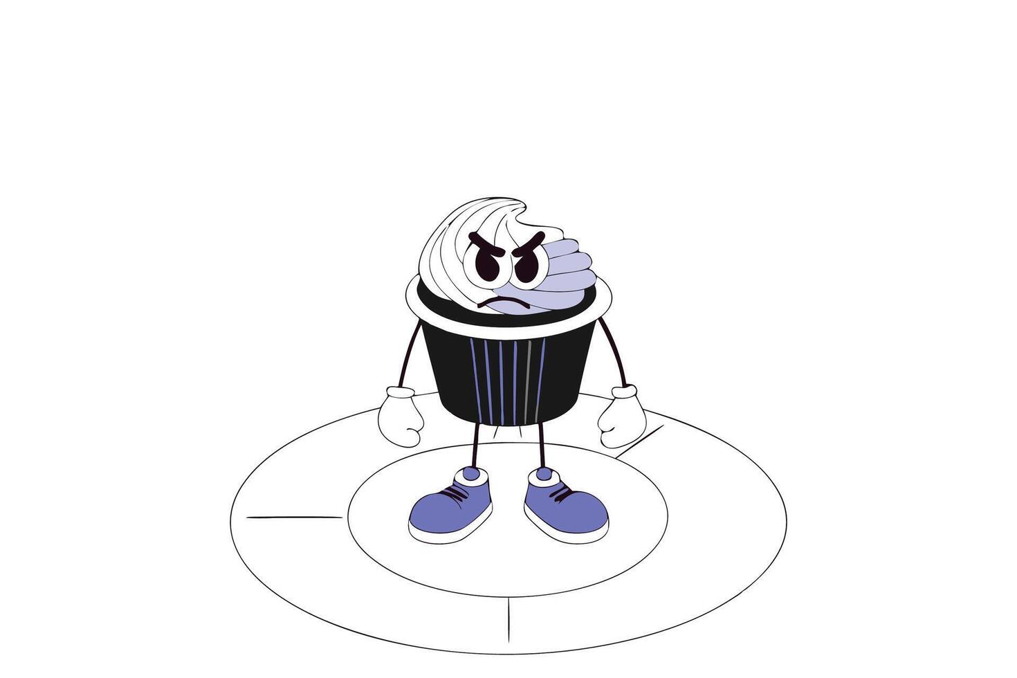 Cartoon cupcake character with pink frosting and an angry, determined expression vector