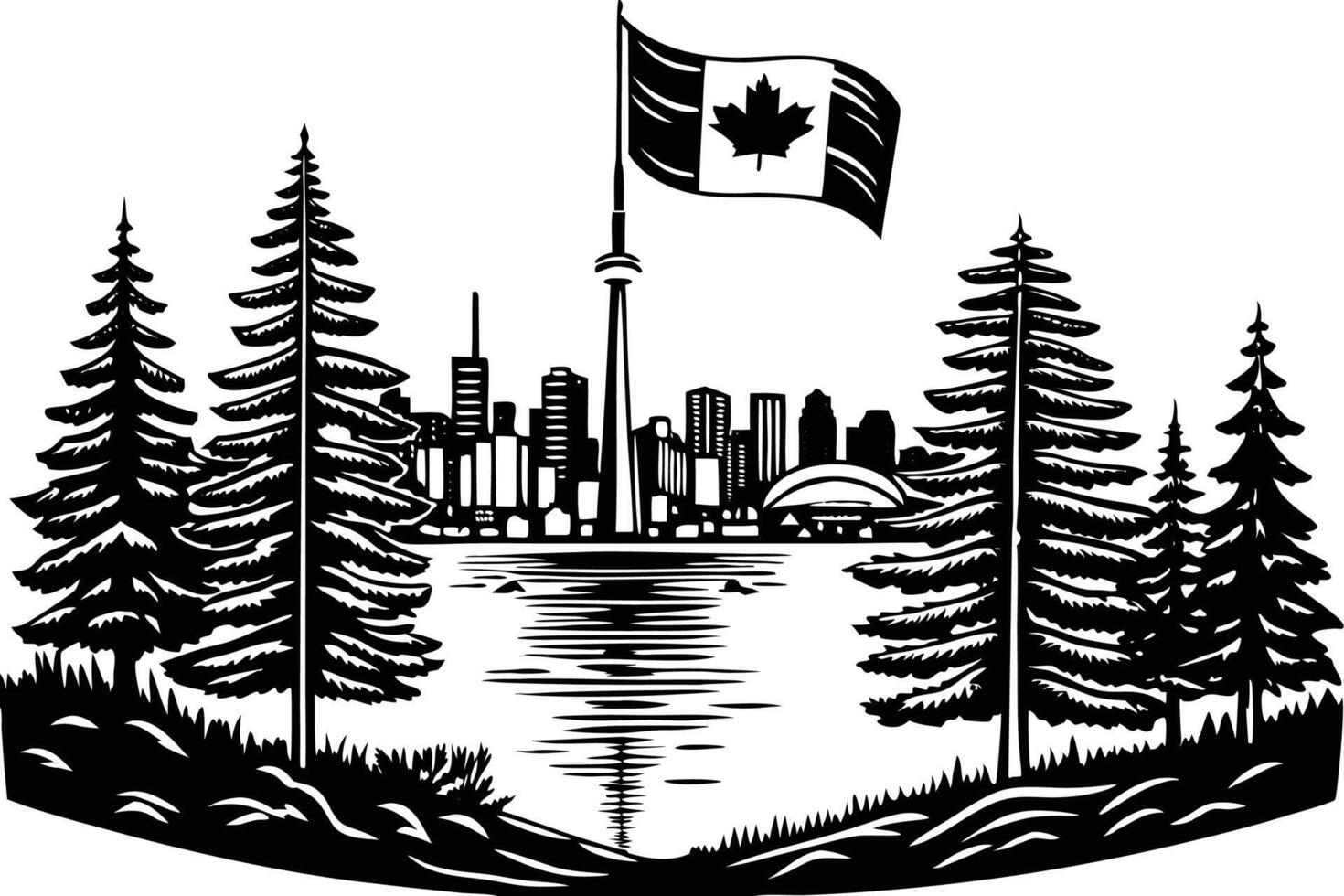 High resolution Toronto skyline scene with lake national flag and pine trees for use in digital artwork Canadian tourism prints and cultural campaigns vector