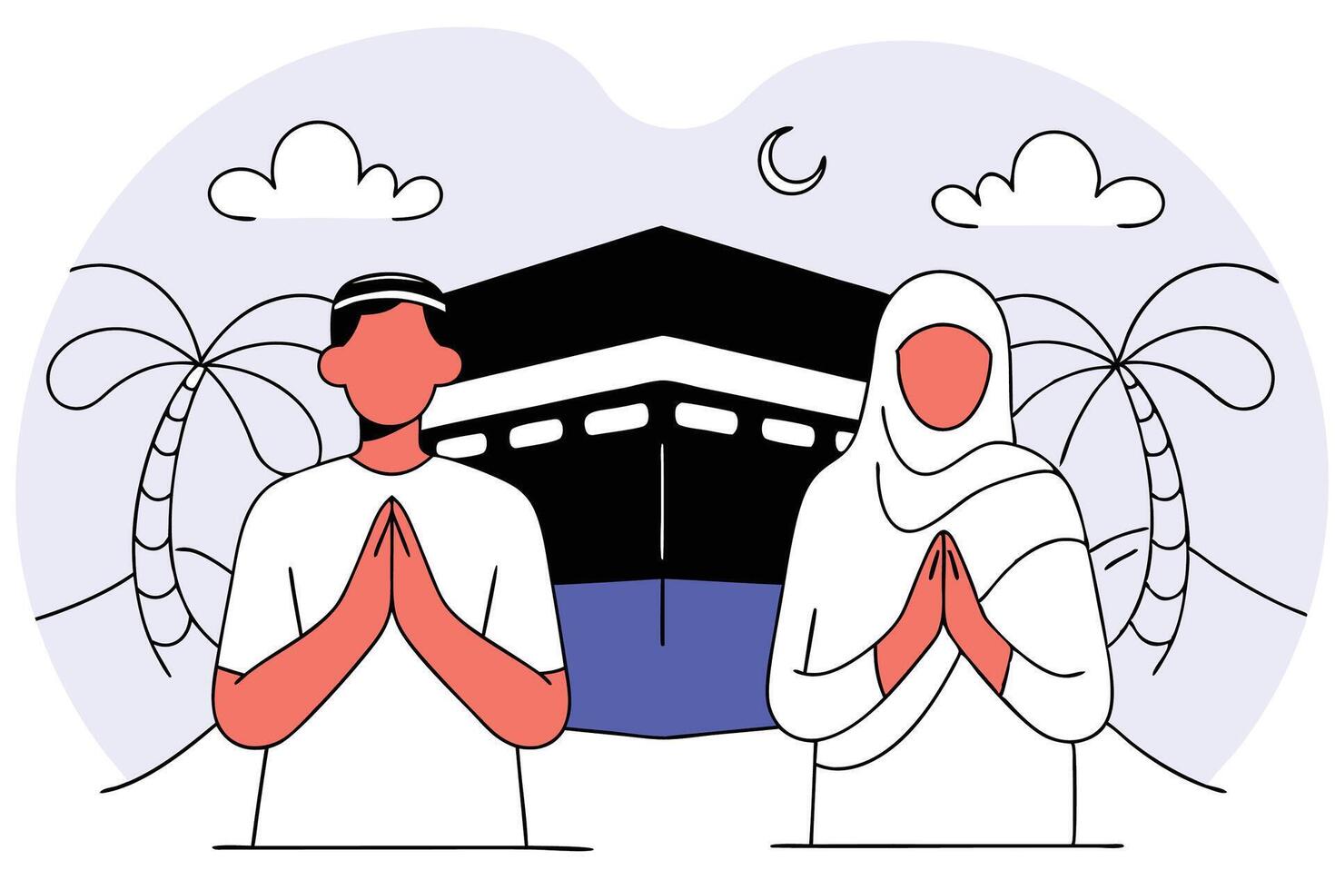 A couple in traditional Hajj pilgrimage clothing standing together showing cultural unity and devotion during the sacred journey of Hajj for Islamic pilgrimage vector