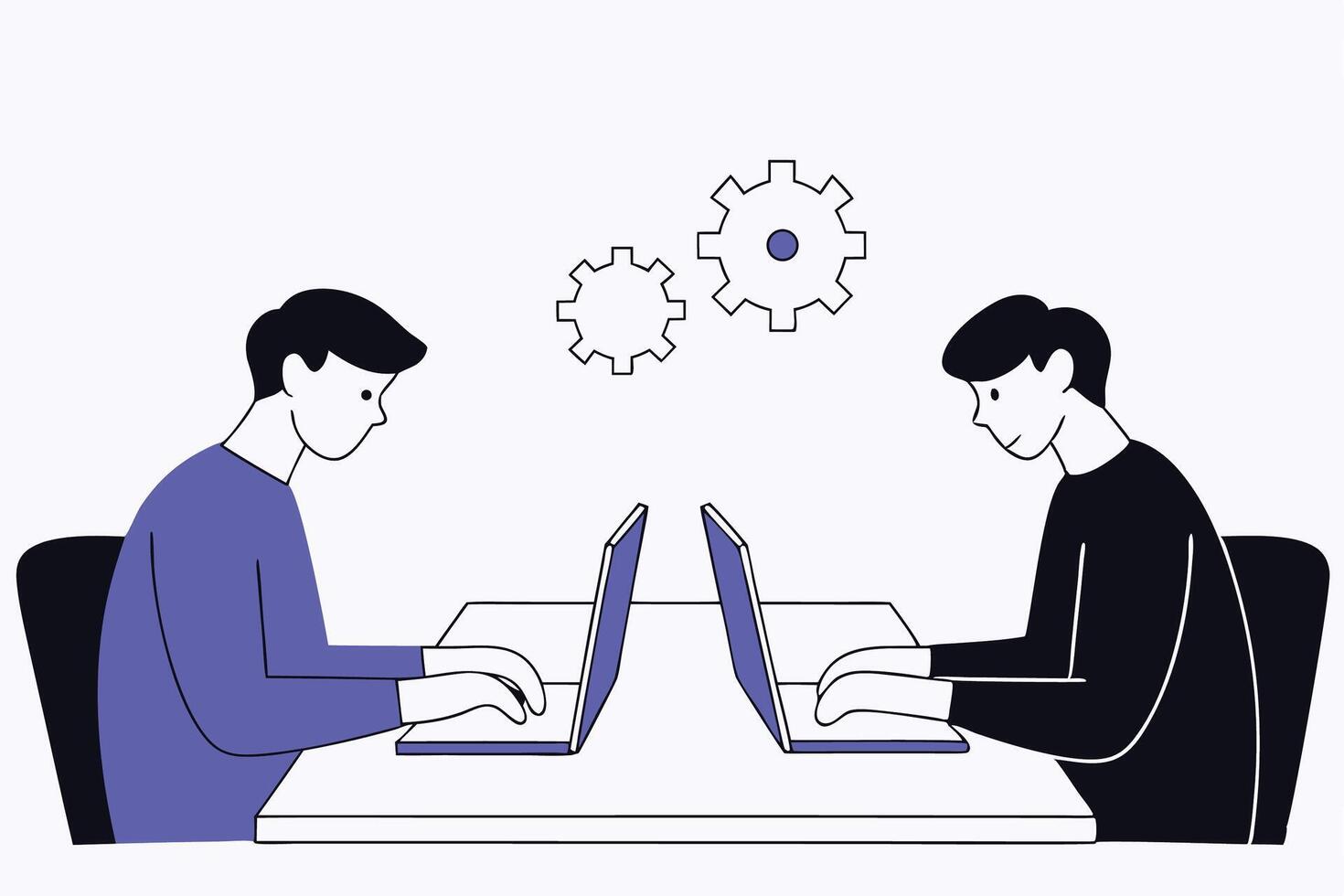Illustration of two men working together on laptops in an office setting emphasizing efficient communication and project management for corporate presentations vector