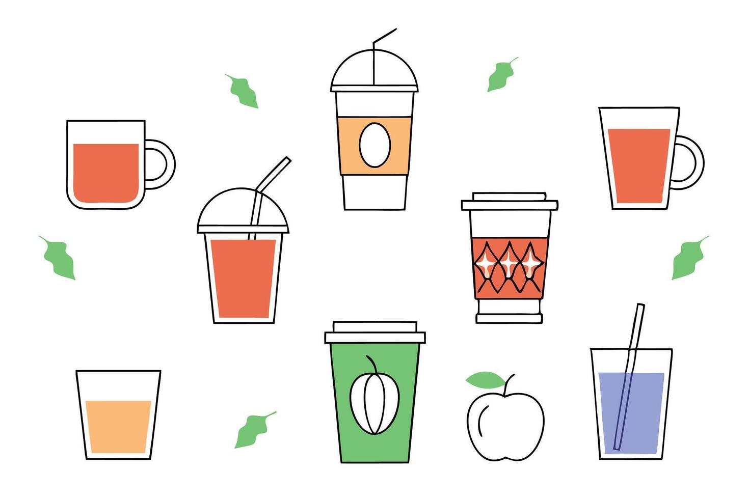Collection of hot and cold drinks with pumpkin spice and beverage variety perfect for seasonal cafe menu design cozy lifestyle branding and fall themes vector