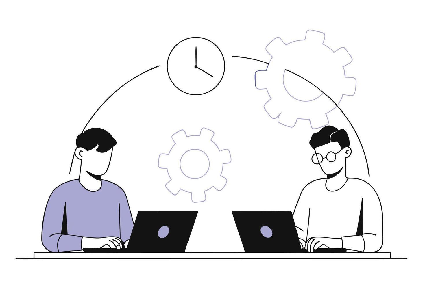 Illustration of two men collaborating with laptops at an office focusing on teamwork and digital innovation to inspire business solutions and technology adoption vector