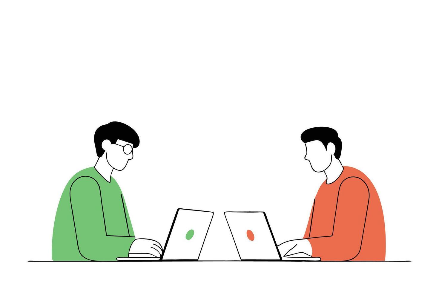 Illustration of two men engaging in laptop work within an office setting representing modern professional collaboration and business strategies vector