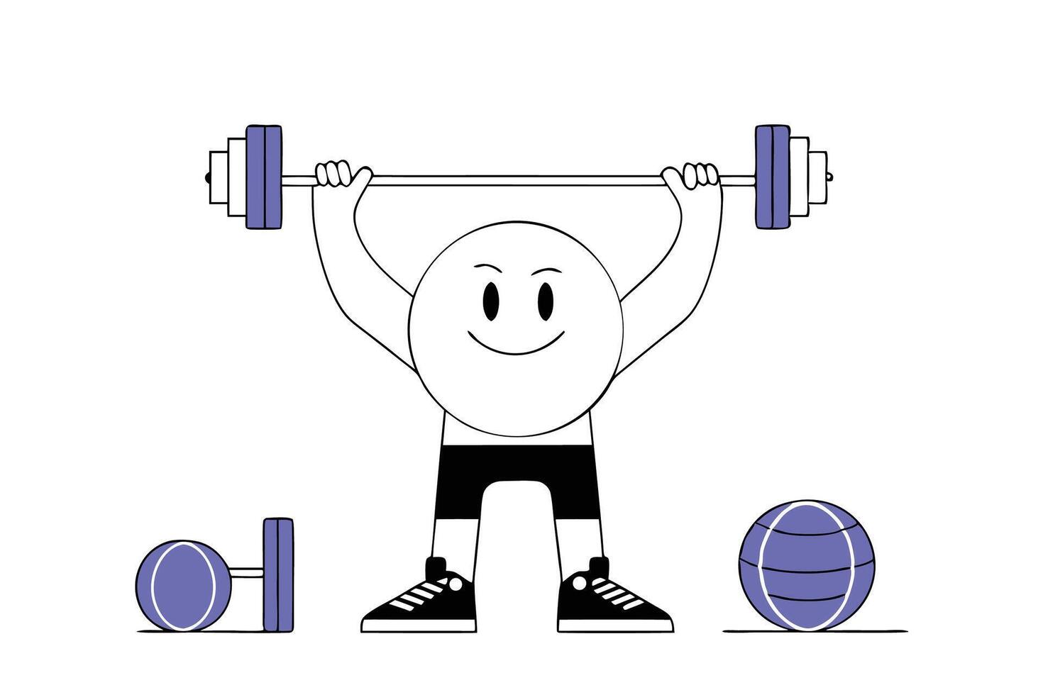 Fitness Focused Smiley Face Cartoon Character Lifting Weights For Energetic Visual Content vector