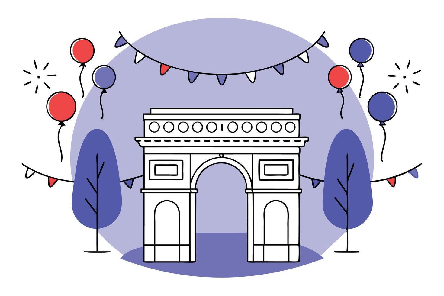 French national celebration featuring the Arc de Triomphe with patriotic red white and blue balloons creating a festive Parisian atmosphere vector