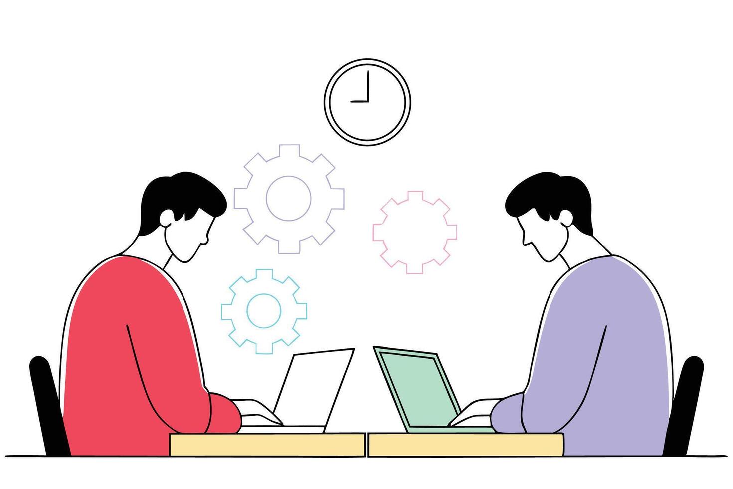 Illustration of two men working on laptops at an office highlighting teamwork and productivity in a professional business environment suitable for corporate content vector