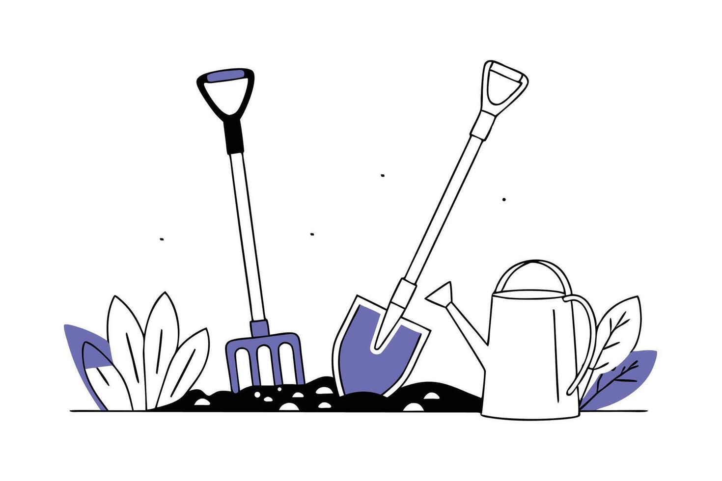 Gardening tools collection with shovels and watering can depicted in a friendly and accessible style to support gardening tips and outdoor hobbyist articles vector