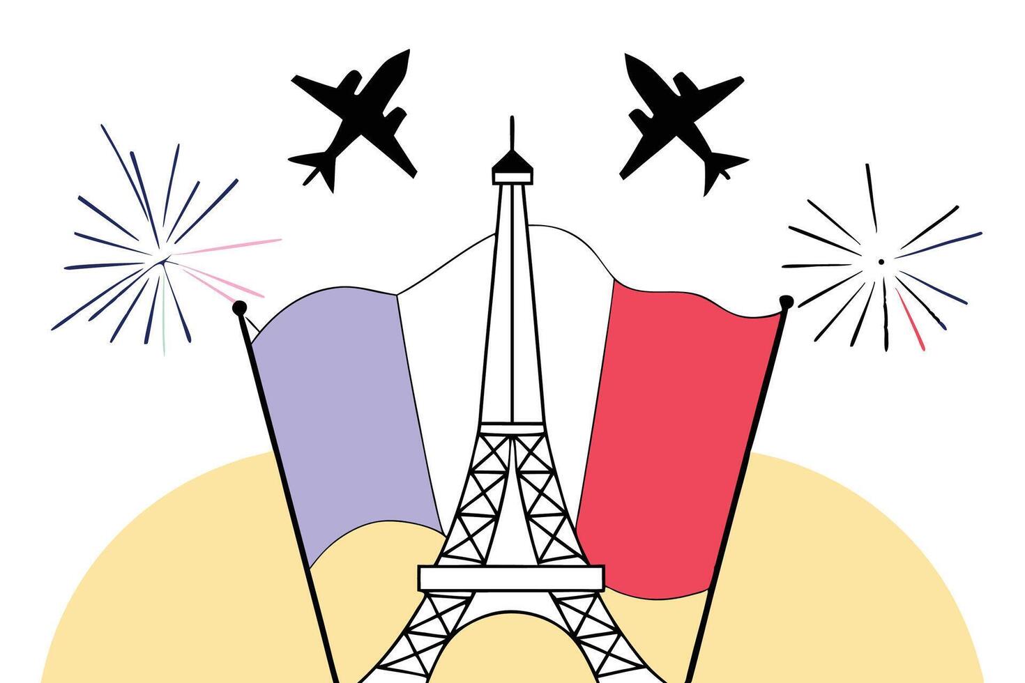 Bold digital artwork featuring the Eiffel Tower along with French flags and fighter jets to evoke the patriotic spirit of Bastille Day in France vector