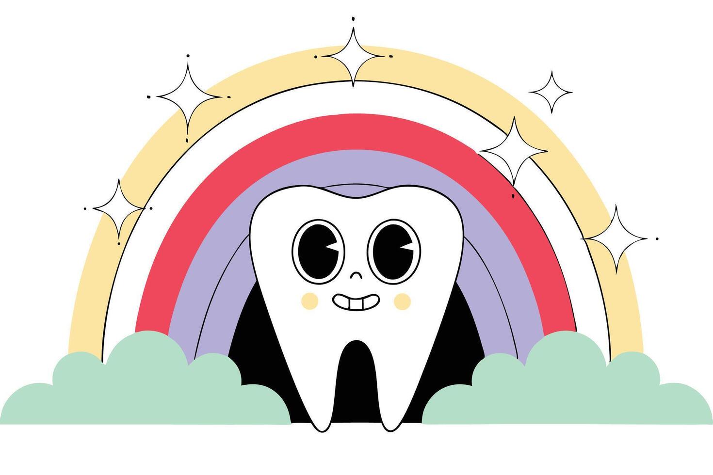 Smiling tooth character floating among rainbows and clouds a perfect design for kids dental merchandise and playful hygiene visual content vector