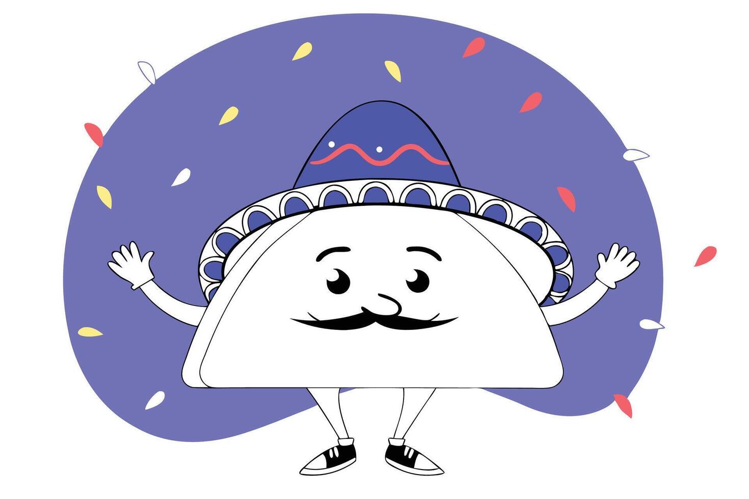 Mexican taco cartoon character in playful style wearing colorful traditional clothing full of personality vector