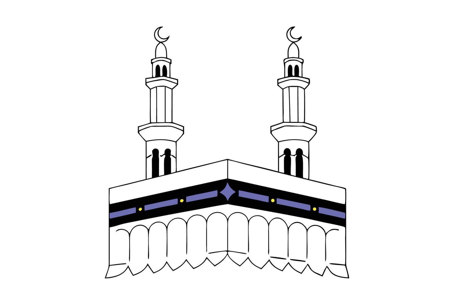 Delicately illustrated holy Kaaba with tall minarets in a peaceful religious setting suitable for educational or spiritual artistic purposes vector