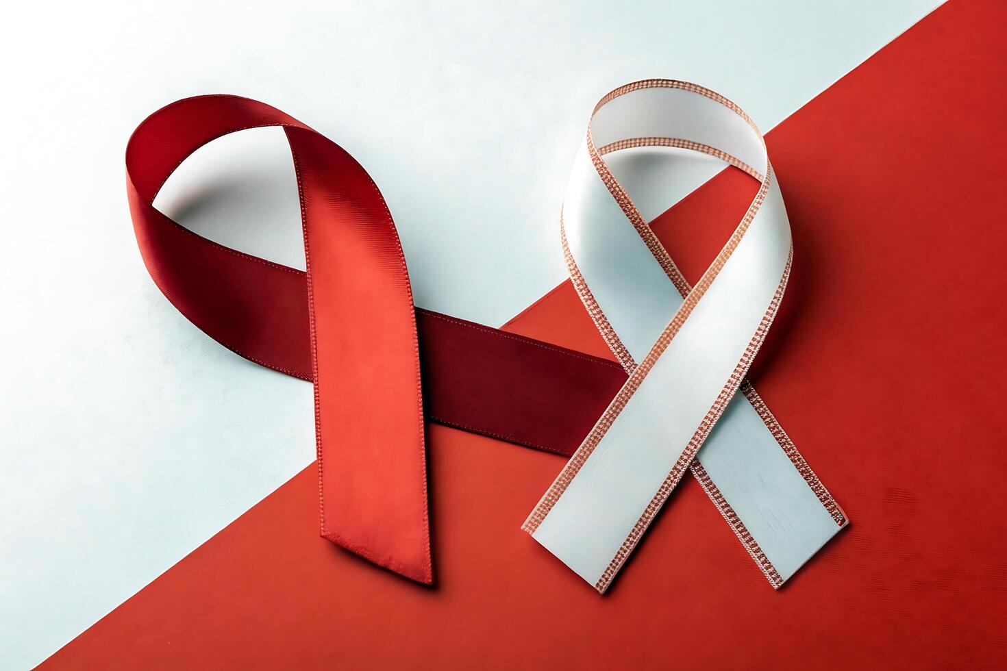 Awareness ribbons in red and white colors symbolic of health and supporting causes photo