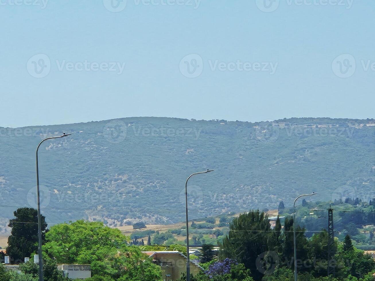 Green-covered mountains stretch across the horizon, with lamp posts and urban vegetation below under a clear summer sky photo