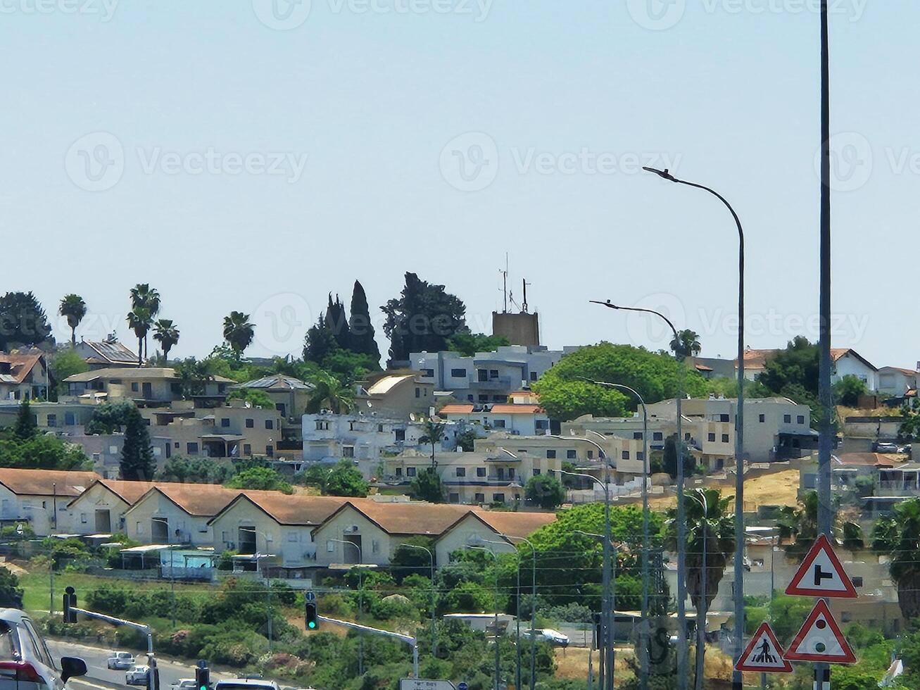A quiet suburban neighborhood with residential houses, palm trees, and road infrastructure under a clear summer sky photo