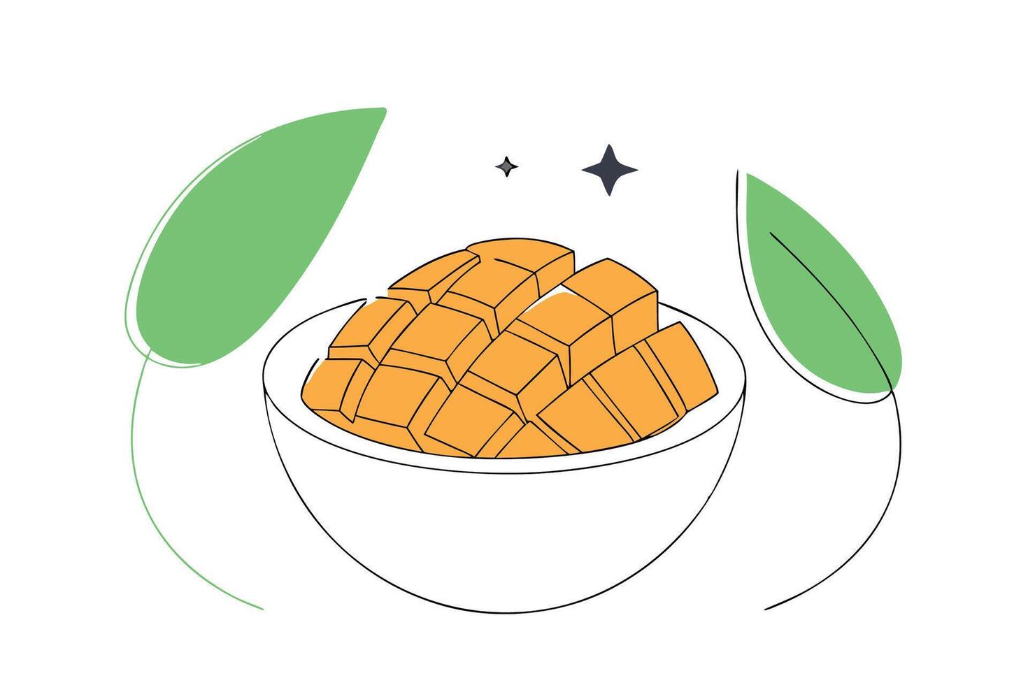 Mango cubes in a white bowl displaying fresh tropical fruit with bright colors and appetizing detail ideal for healthy food blogs exotic fruit menus or summer designs vector