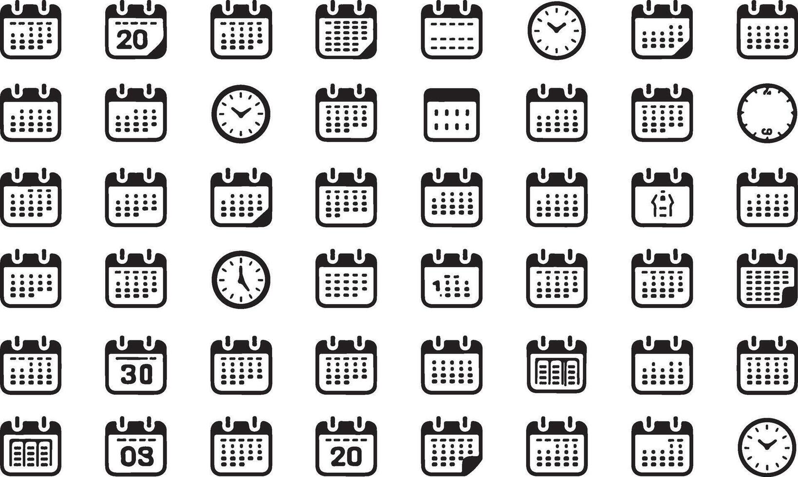 Simple calendar icon set design featuring various calendar icons in different styles for digital and print use vector