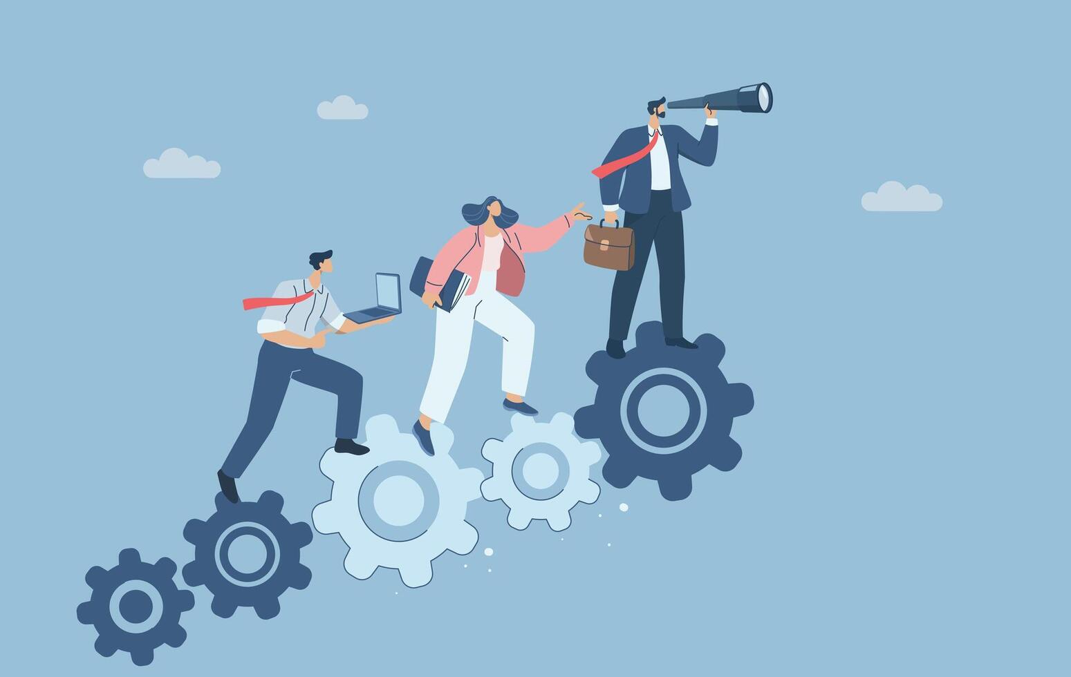 Group of businessmen walking up the gear ladder following the leader, Visionary leader looking through binoculars, Business leadership, Flat design illustration. vector