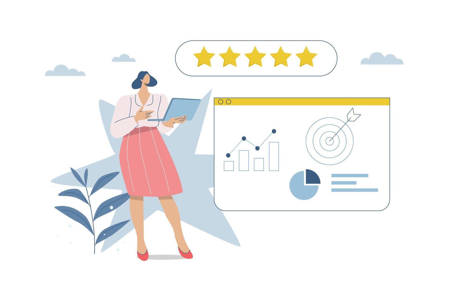 Businesswoman analyzing corporate graphs and data, Task or achievement checklist, Project management, 5 star rating system evaluation. Suitable for business, finance, analysis. Flat design. vector