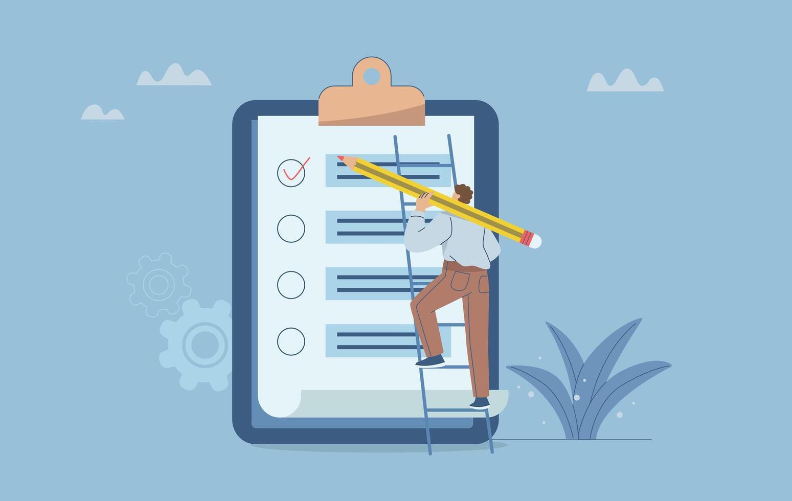 Task or achievement checklist, Project management, Businessman checking tasks put check mark on clipboard list, auditing, evaluation, reporting, analysis. Flat design illustration. vector