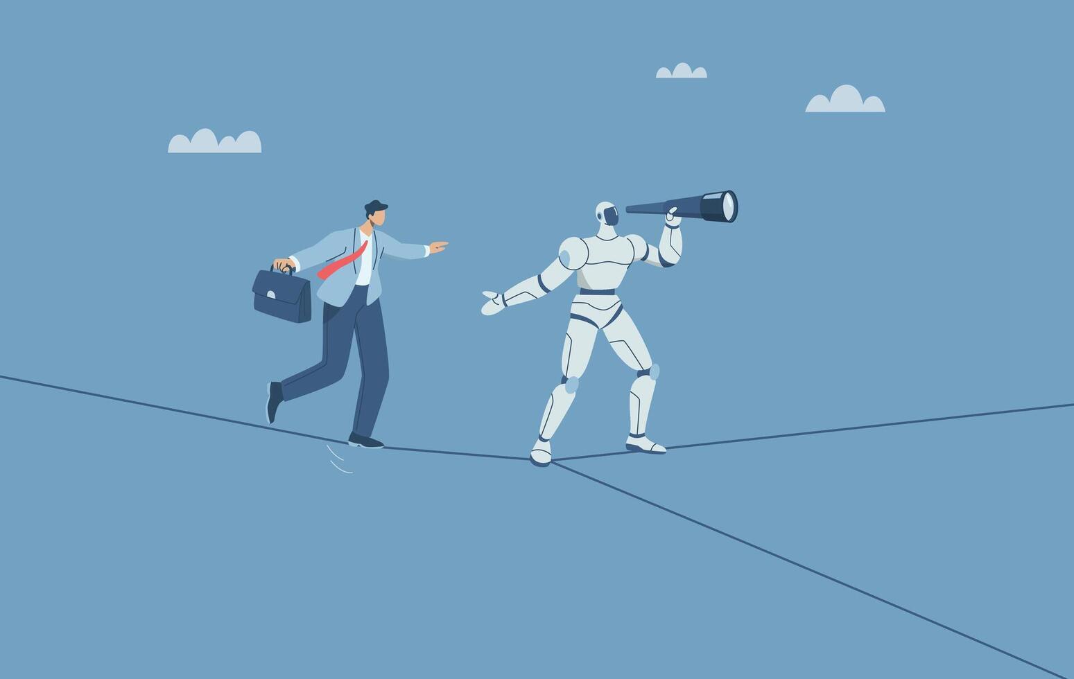 Risk management challenge, Using AI to manage business risks, The robot leads to help the businessman wearing suit walking on the rope and has a separate line. Human cooperation with robotics. vector