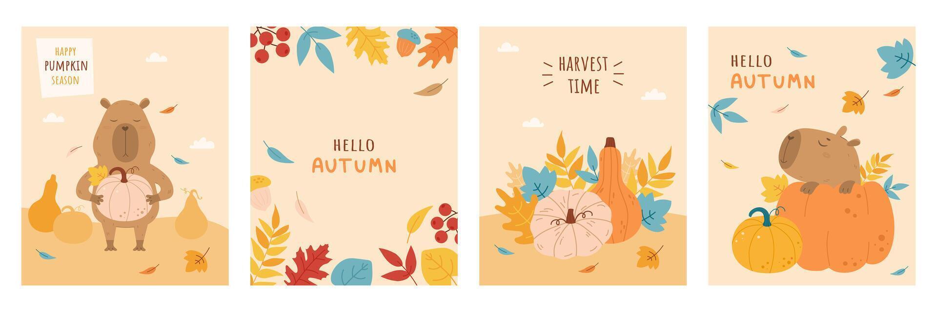 Autumn collection of cards with funny capybara vector