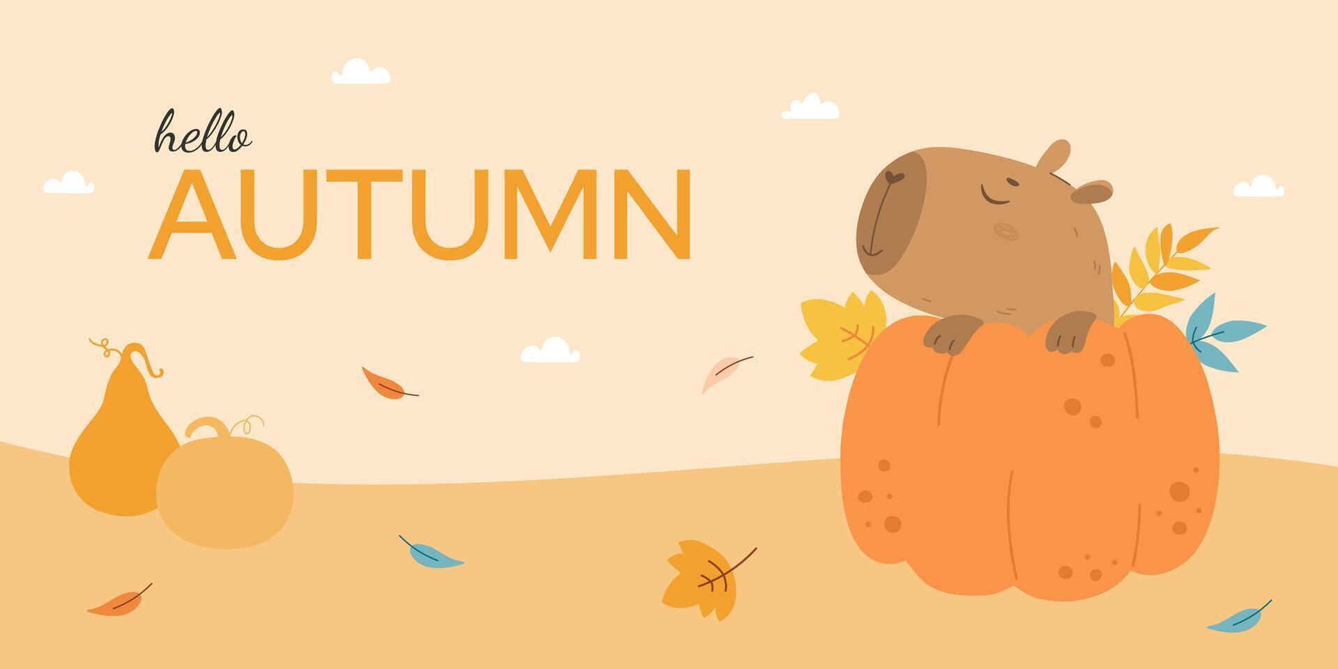 Autumn banner with capybara in pumpkin and leaves vector