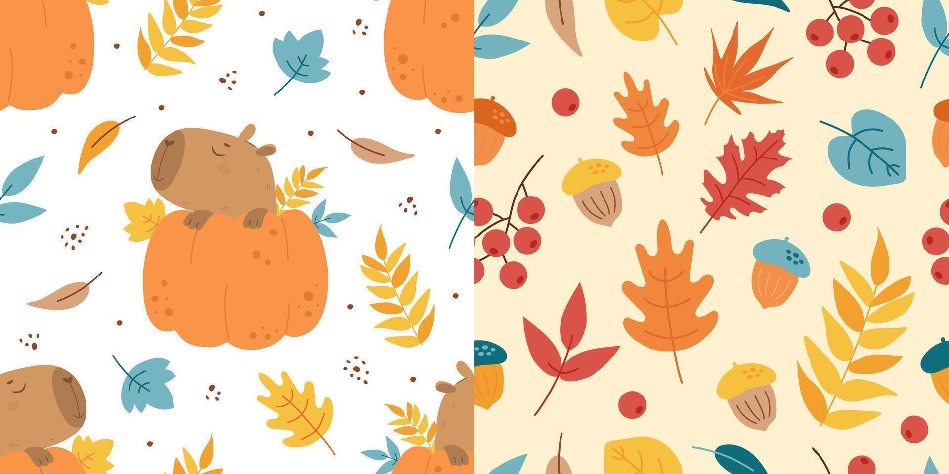 Capybara in pumpkin and leaves autumn patterns vector