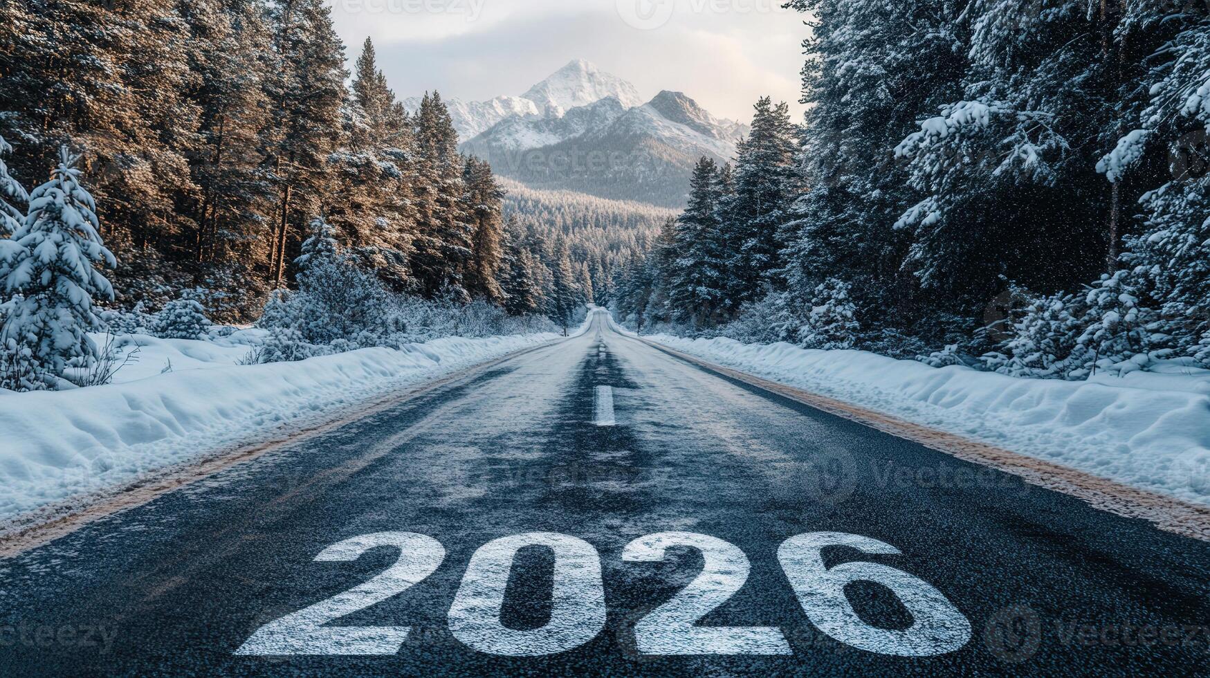 A picturesque road through a snow-covered forest, leading toward the mountains, displays the year 2026. photo