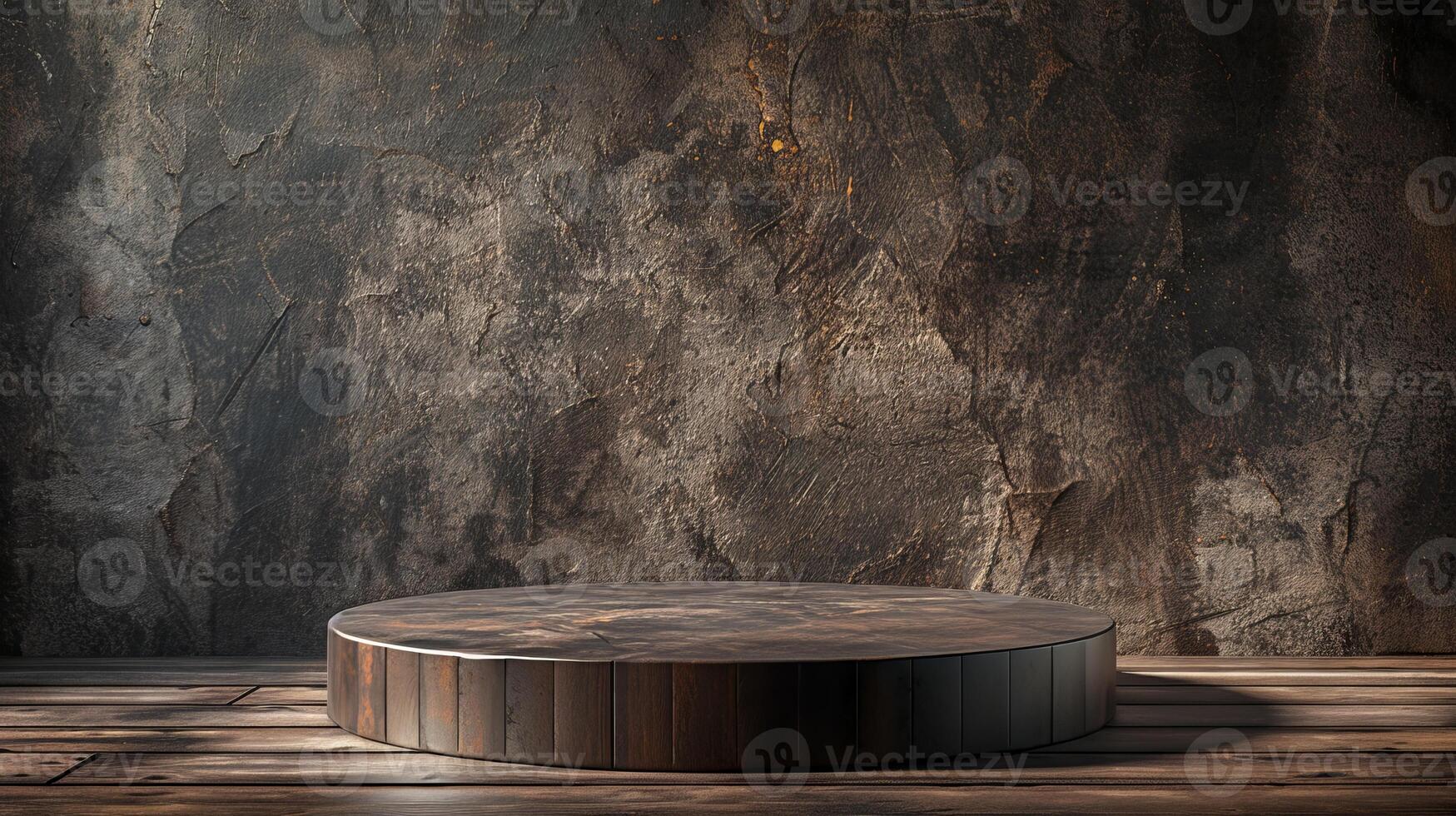 A textured, wooden stage stands beneath a dark brown wall, providing an inviting space for display. photo
