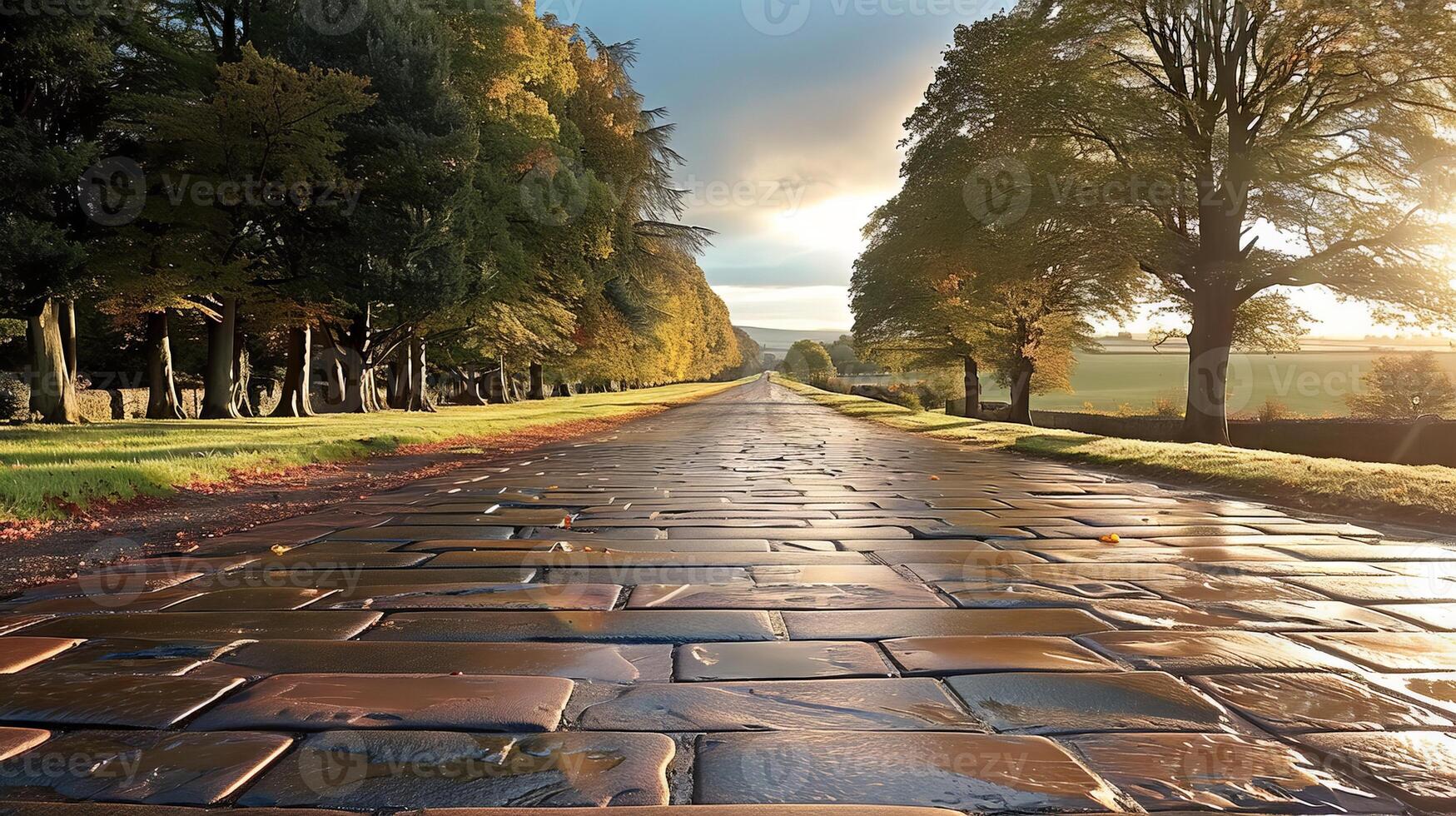 A picturesque stone road with trees on either side, illuminated by the morning sun. photo