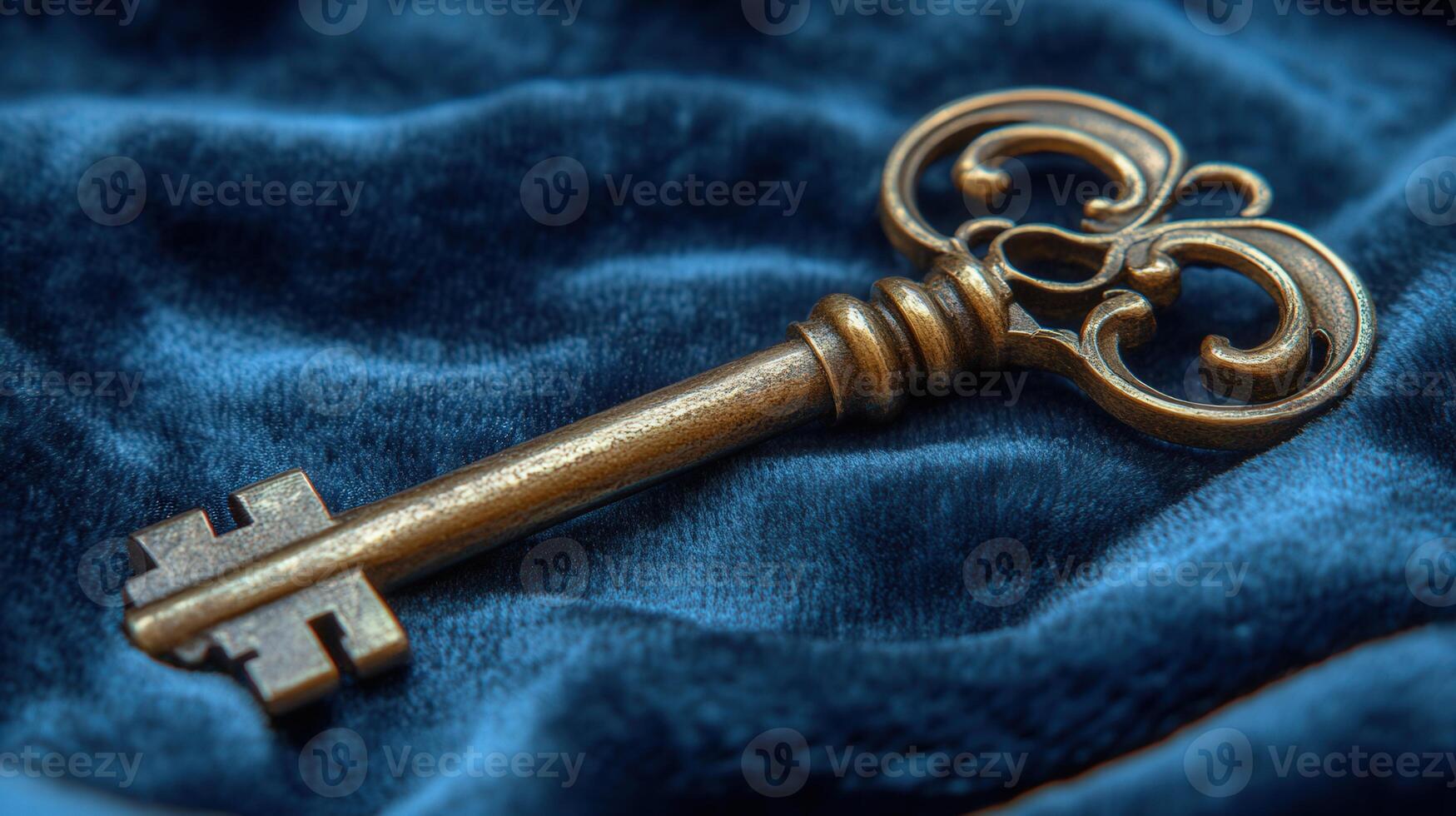 An antique bronze key, with ornate details, placed atop a luxurious blue velvet cloth. photo