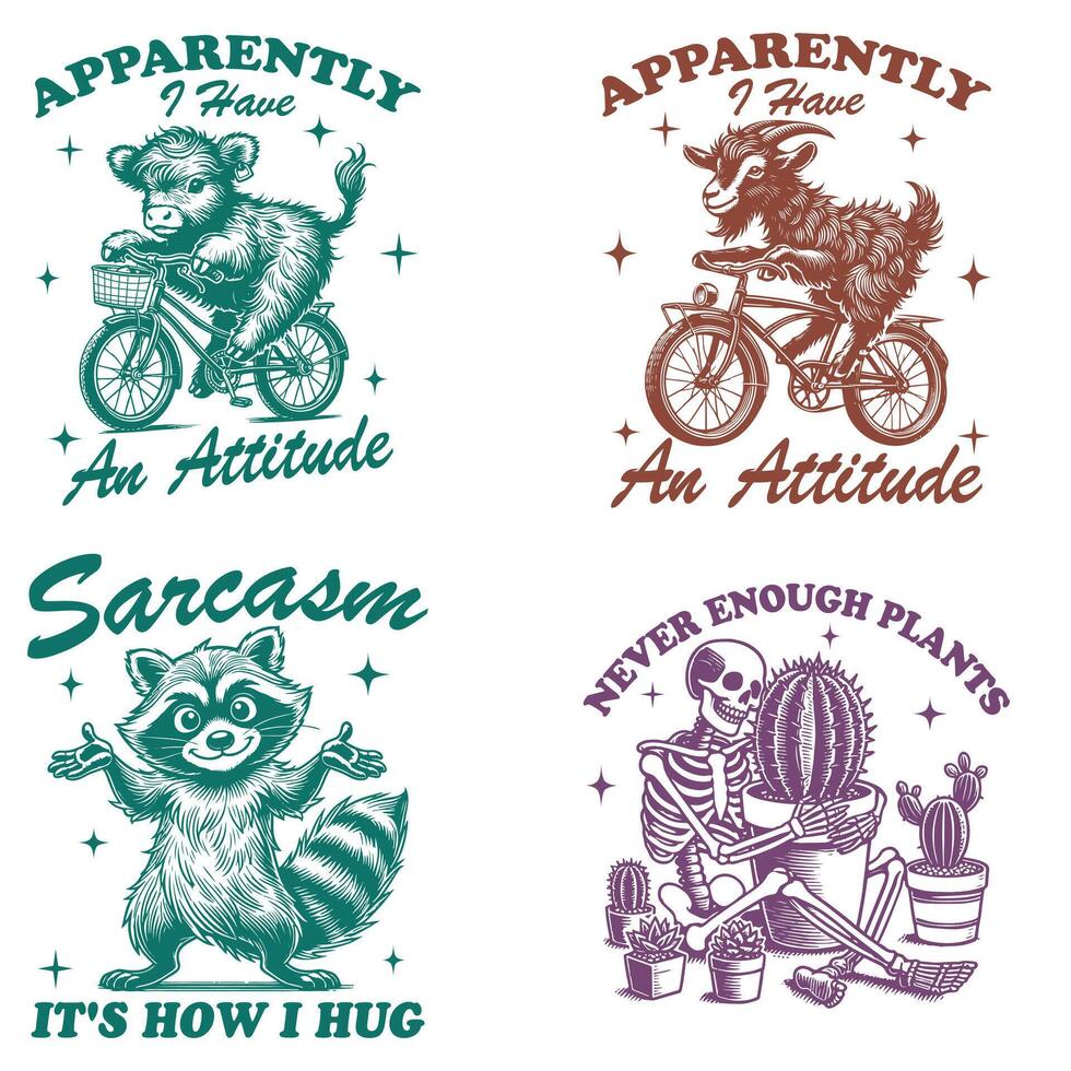 Four t - shirts with different animals and words vector