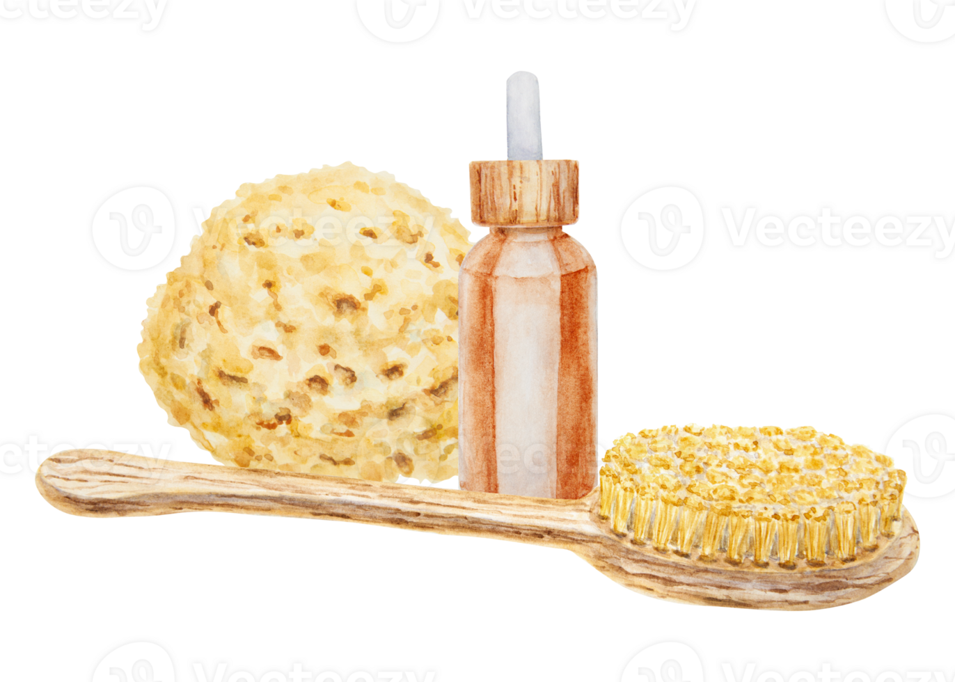 Spa, bathroom accessories. Watercolor hand drawn illustration for wellness center. brown glass bottle of serum, essential oil with pipette, natural sea sponge, wooden brush. Clipart for beauty prints png