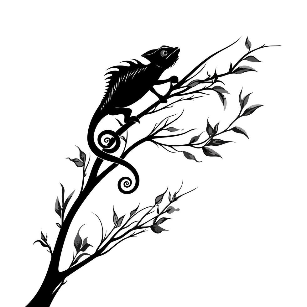 Chameleon Silhouette On Tree Branch vector