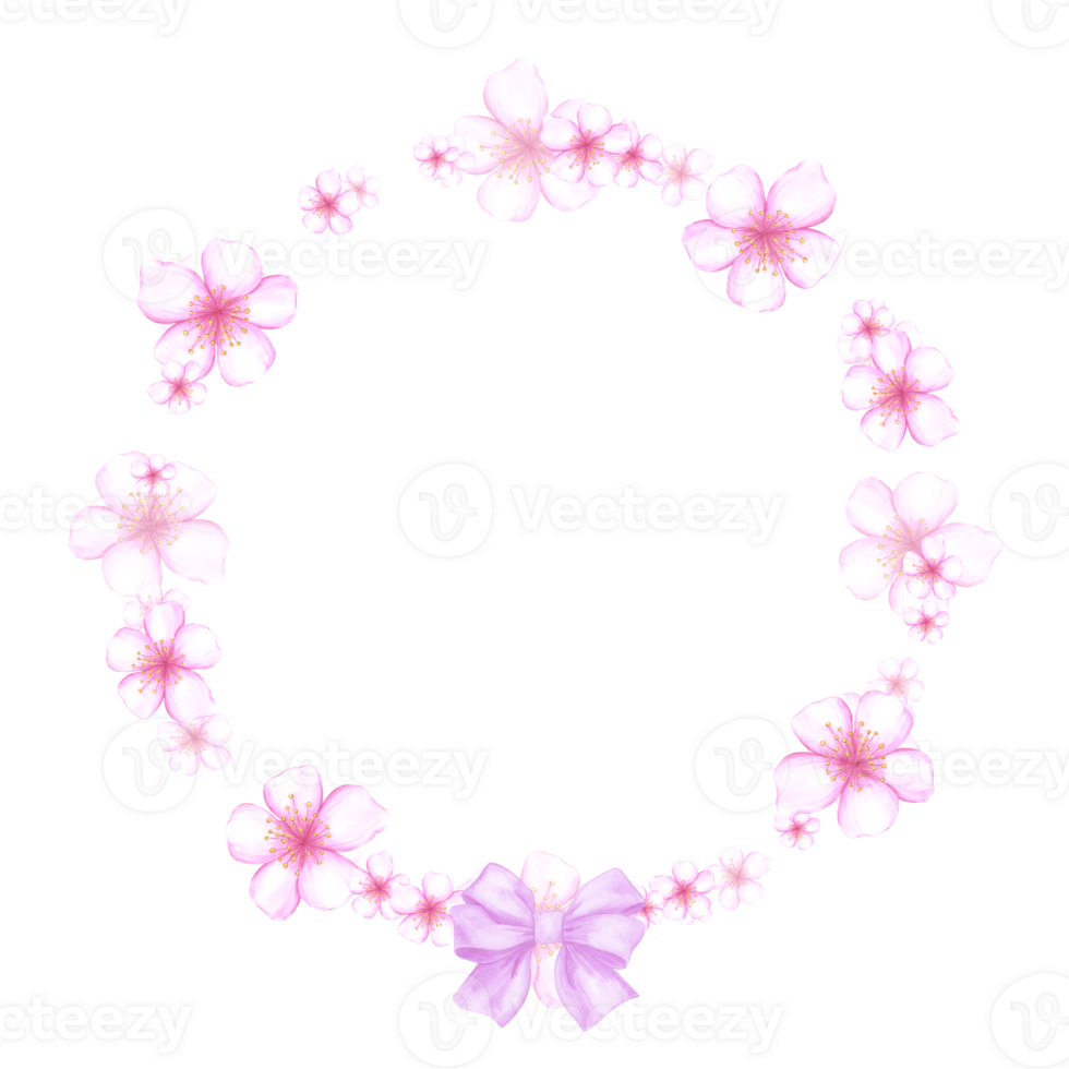 Hand drawn watercolor cherry blossom branch with a bow wreath frame border isolated on no background. Can be used for postcard, album, scrapbook and other printed products. png