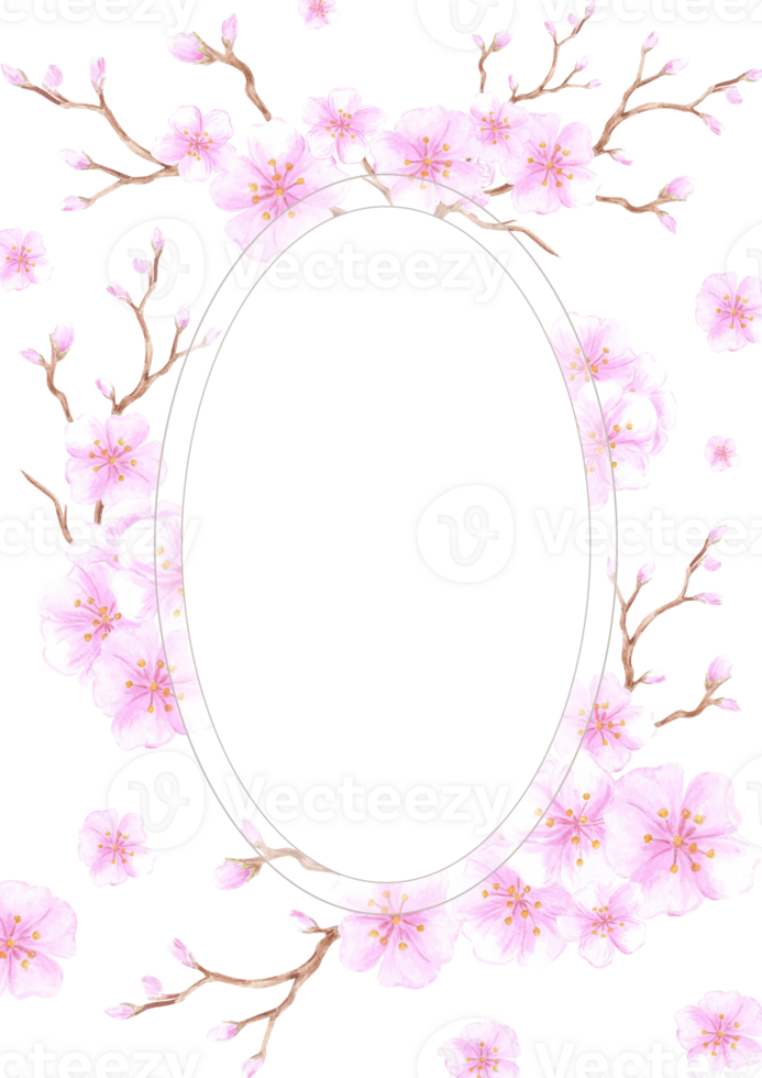 Hand drawn watercolor pink cherry blossom postcard frame border isolated. Can be used for postcard, invitation, front page and other printed products. png