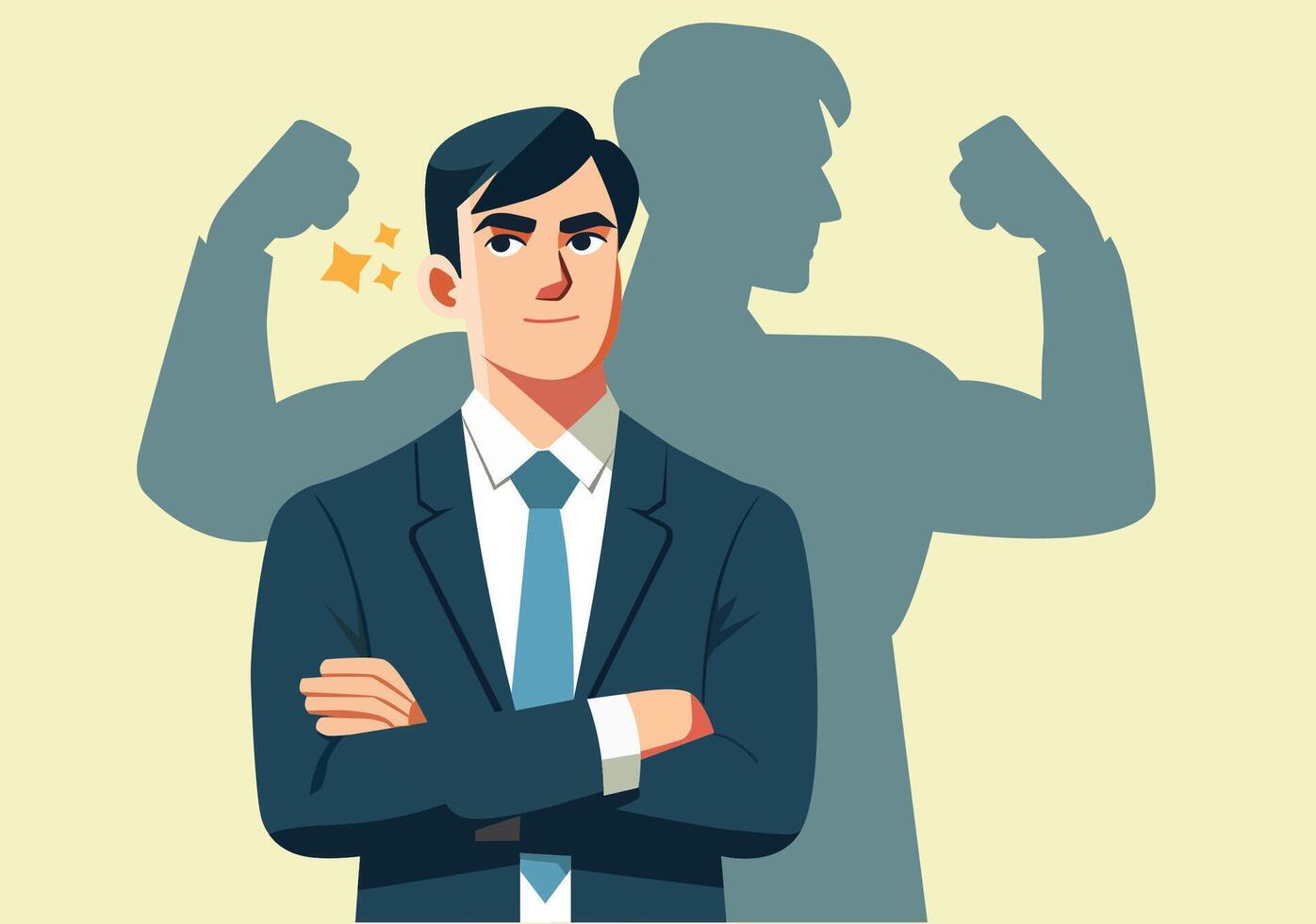A man in a suit stands confidently, his shadow is that of a strong man vector