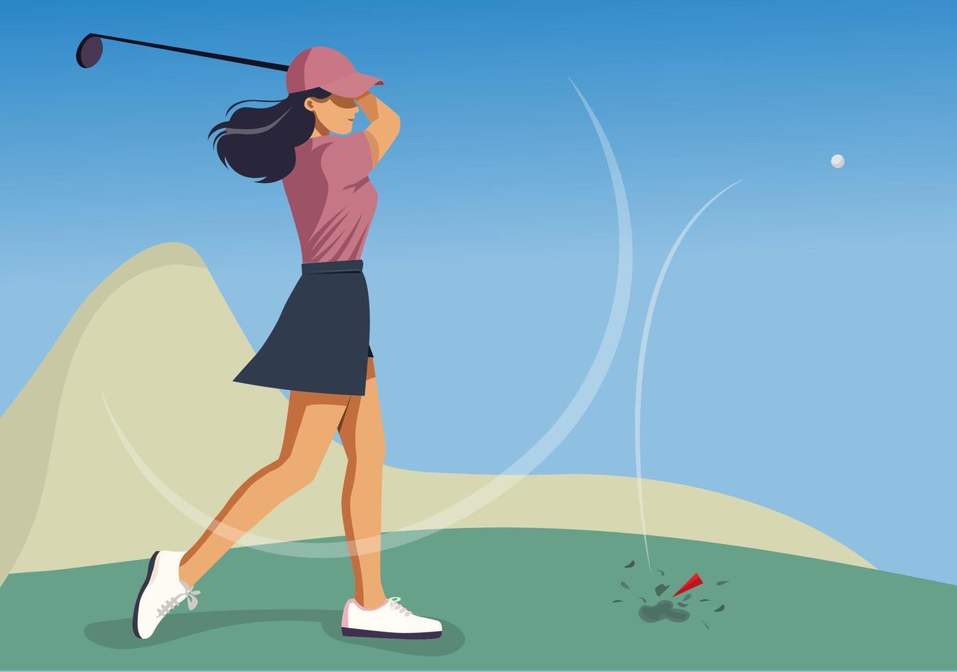 Woman playing golf in posture after hitting ball vector