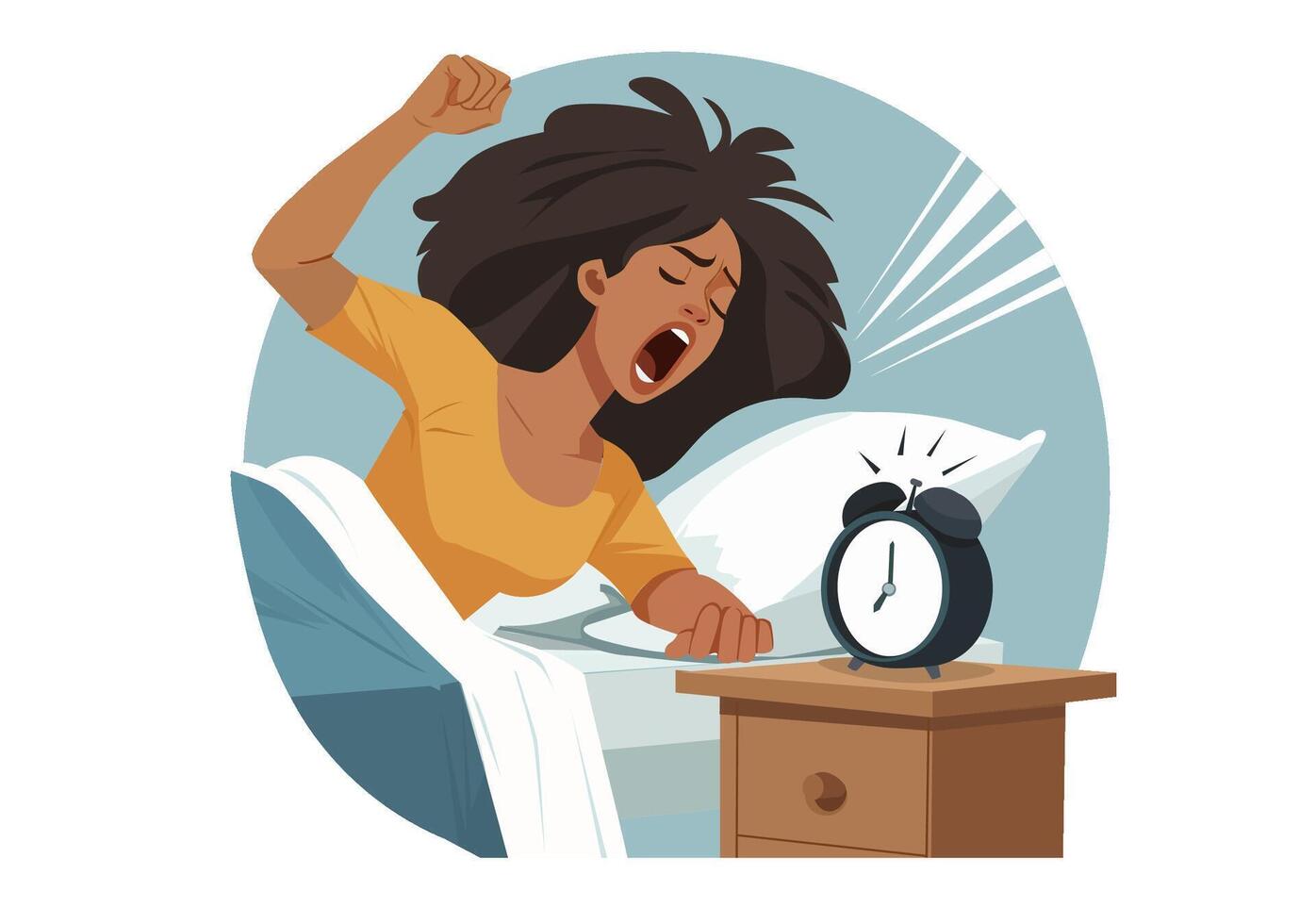 A sleepy woman doesn't want to wake up in the morning. She is angry at her alarm clock. vector